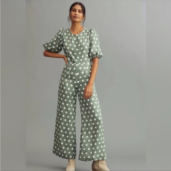 Anthropologie Pants - NWT Anthropologie Faithfull the Brand Green Linen Open Back Polka Dot Jumpsuit
